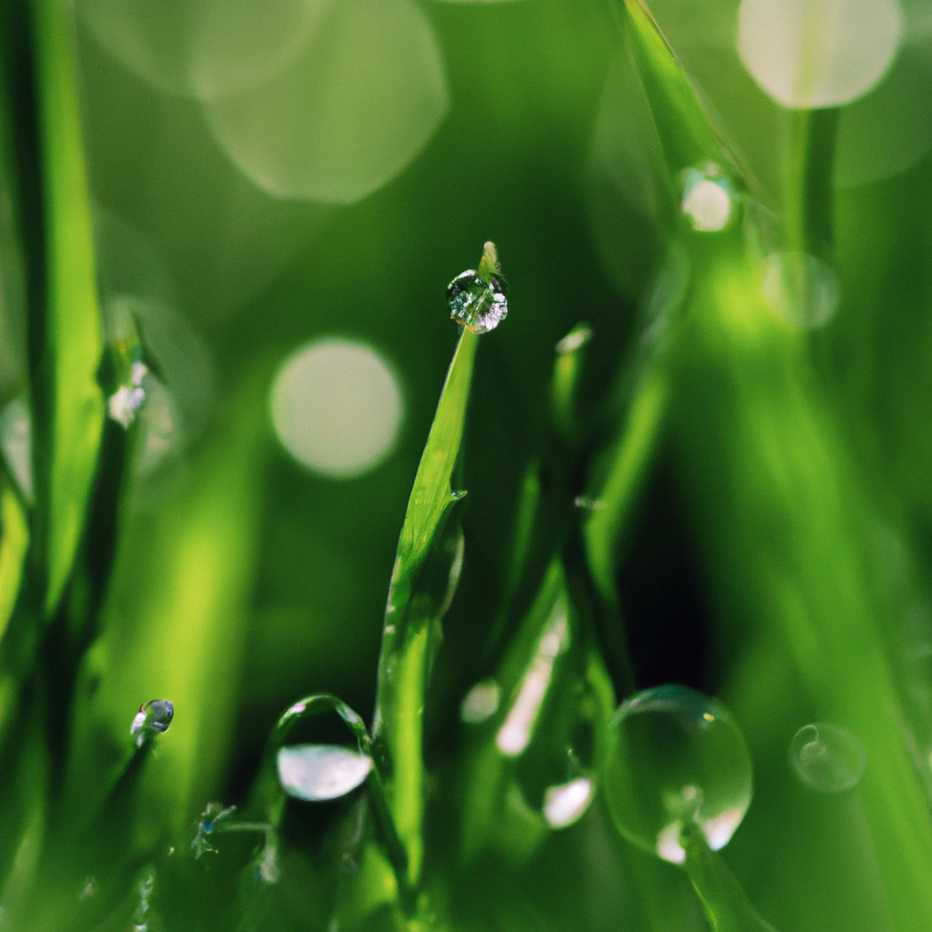 Close-up of cool-season grass blades with dew in Canadian morning light